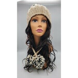 Moonshadow Knit Warm Acrylic Winter Pom Pom Hat with Braids Neutral Colors